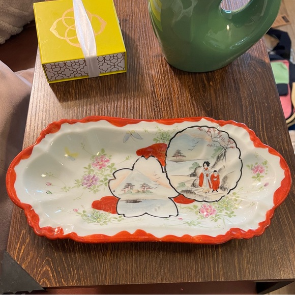 Vintage Hand Painted Decorative Ceramic Tray with Red Accents